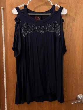 Size 2X - French Blue - Black Short Sleeve Cold-Shoulder Knit Pullover